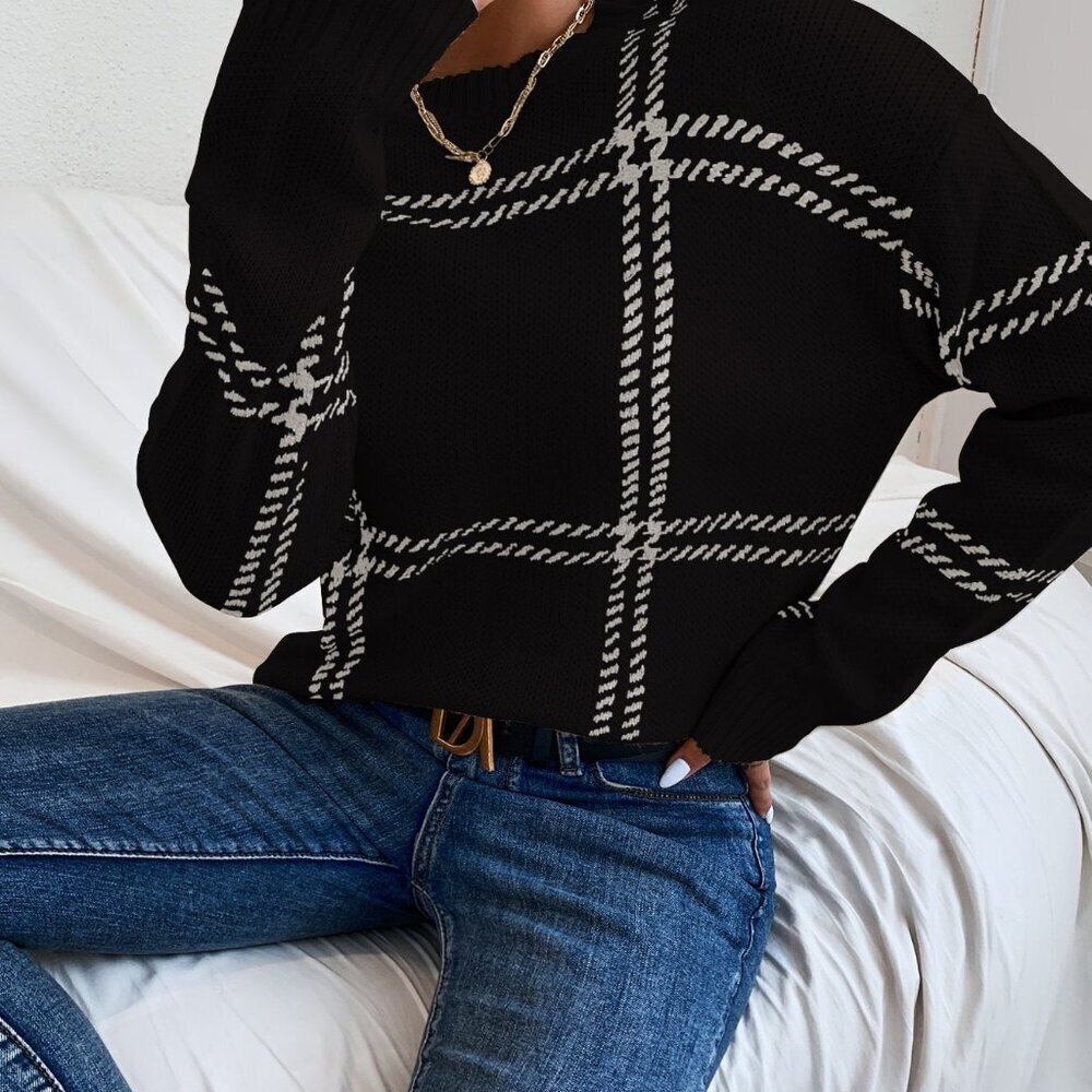 Black and White Casual Women's Plaid Drop Shoulder Long Sleeve Knit Sweater - Picture 6 of 6